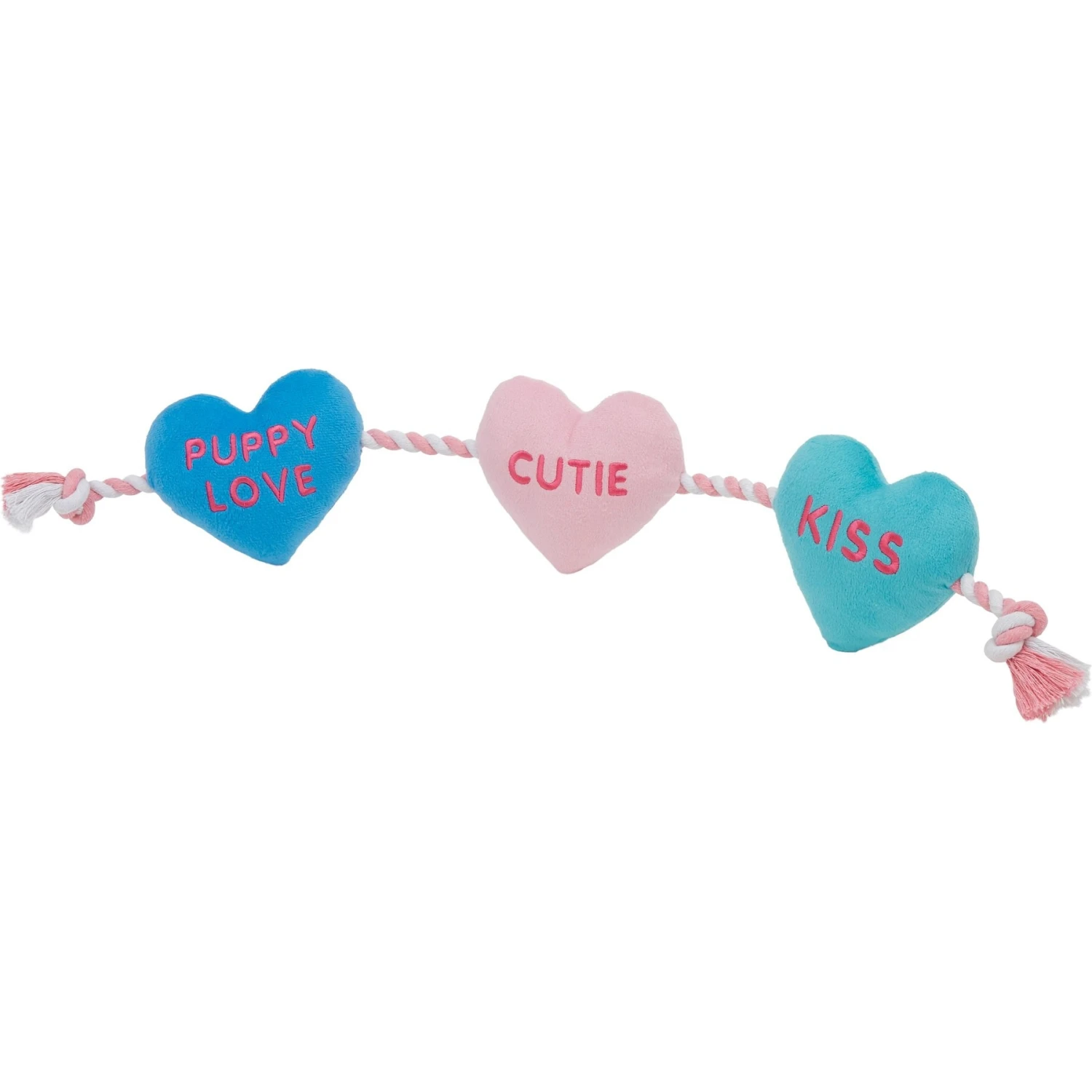 Frisco Valentine Candy Hearts Plush With Rope Squeaky Dog Toy 3 Frisco Valentine Candy Hearts Plush With Rope Squeaky Dog Toy